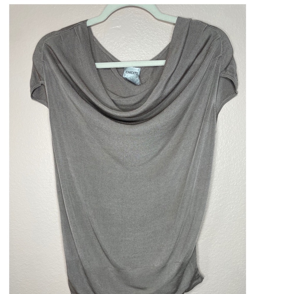 Chico's Size 2 Taupe Metallic Cowl Neck Knit Top Short Sleeve Rayon Blouse - Picture 4 of 9